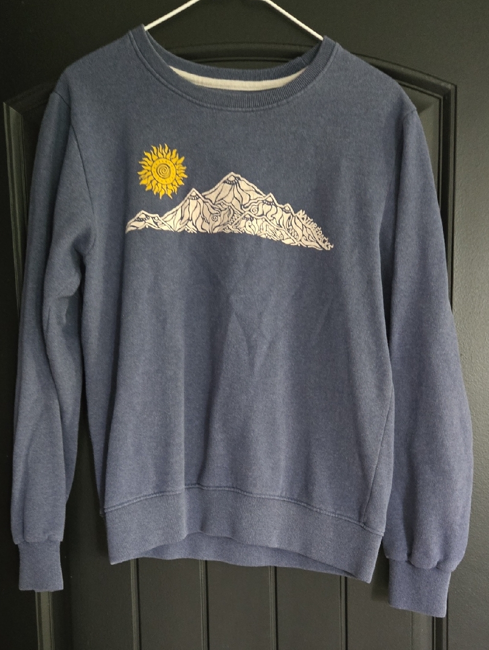 Heather Blue Mountain Crewneck Sweatshirt with Yellow Sun Graphic